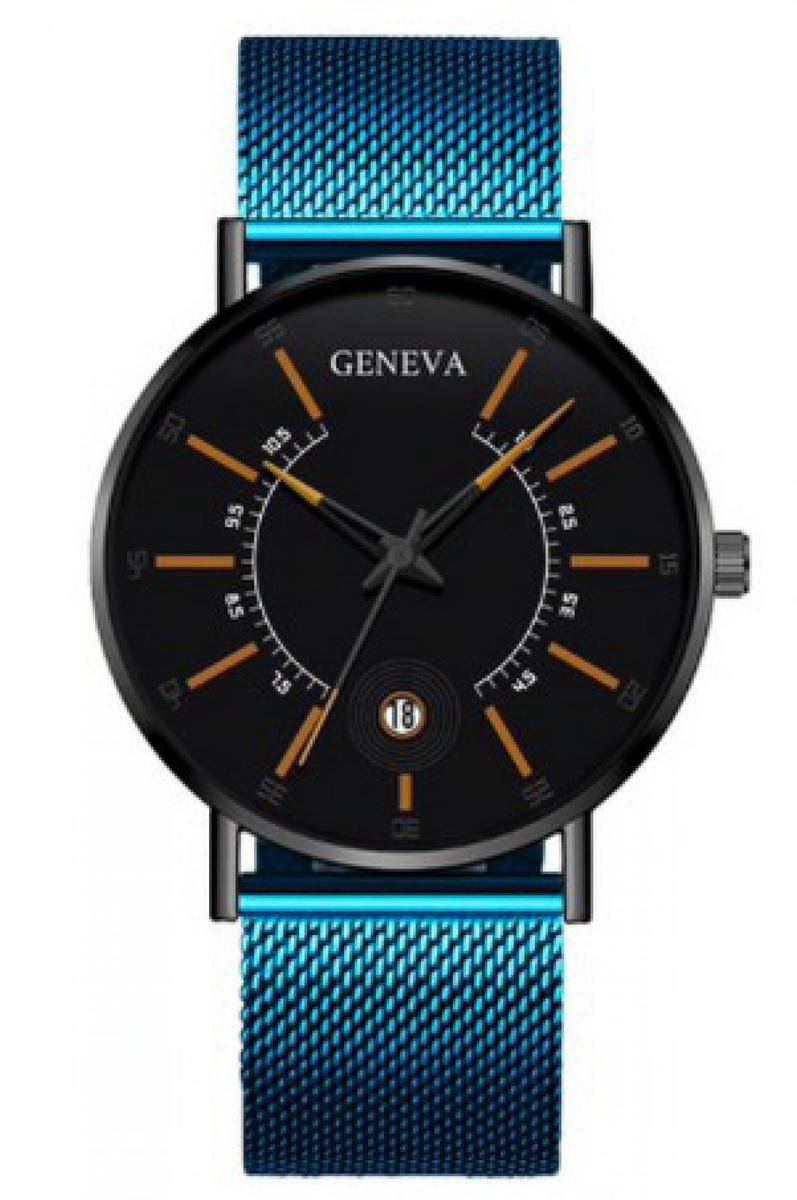 Hidzo Horloge Geneva - Met Datumaanduiding - Ø 40 mm - Blauw-Oranje - Staal
