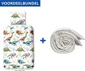 Dekbedovertrek voor Kinderen - Eenpersoons - 140x200/220cm - Inclusief 1 Kussensloop - 100% Versterkt Katoen - Dino Wit + Wasbaar Microfiber Dekbed - 140x220cm - Wit