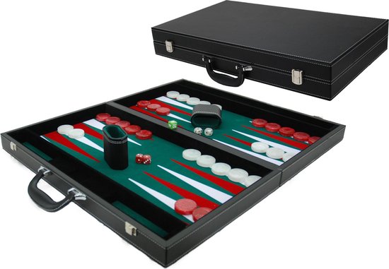 Afbeelding van het spel Backgammonkoffer zwart ingelegd vilt XL 53x8 cm
