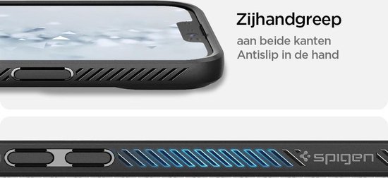 Zijkant van iPhone hoesje met Spigen logo en antislip grip. "Zijhandgreep aan beide kanten".