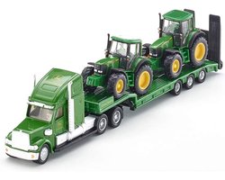 foto van SIKU 1837, Dieplader met 2 John Deere-tractoren, 1:87, metaal/kunststof, groen, achterklep kan open