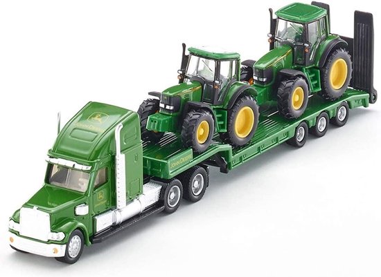 SIKU 1837, Dieplader met 2 John Deere-tractoren, 1:87, metaal/kunststof, groen, achterklep kan open