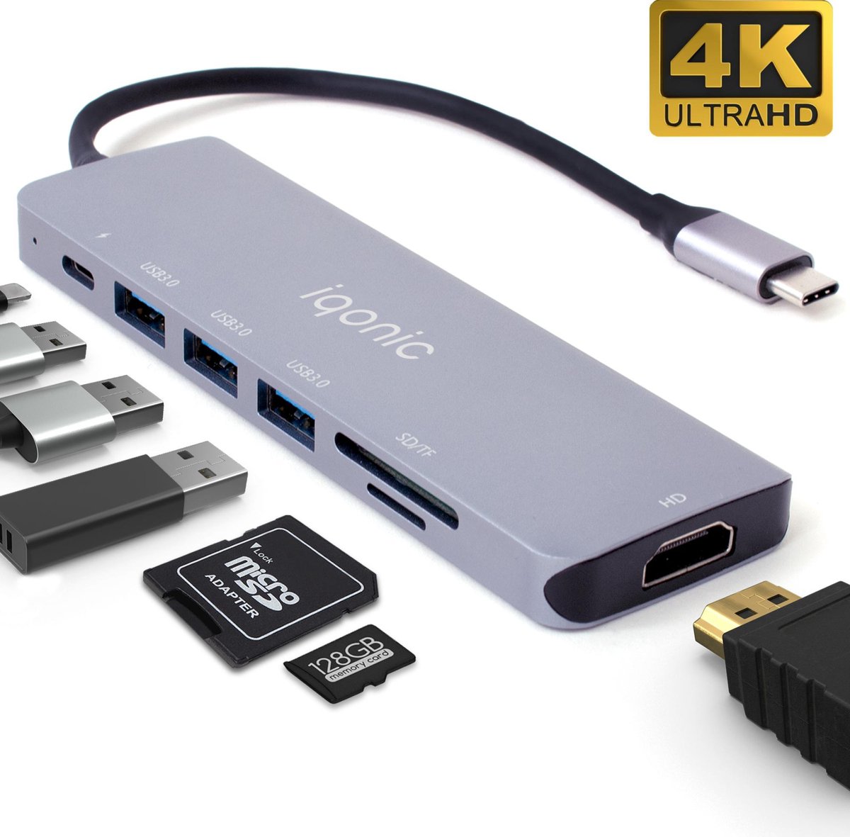 Iqonic USB C Hub 7 in 1 - 3 x USB 3.0 - 4K HDMI - USB C Oplader - Micro SD / TF Kaartlezer - Space Grijs - Iqonic