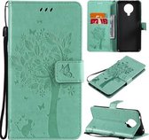 Voor Nokia 6.3 Boom & Kat Patroon Geperst Afdrukken Horizontale Flip PU Lederen Case met Houder & Kaartsleuven & Portemonnee & Lanyard (Groen)