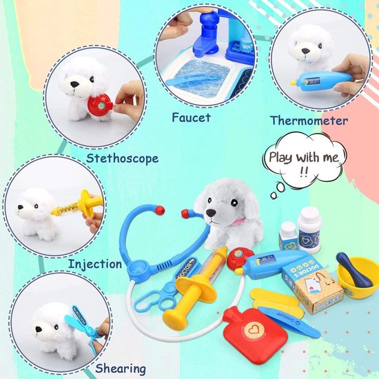 Ensemble Vétérinaire 16 Pièces Pour Soins D'animaux – Chien Peluche, Toilettage, Alimentation, Sac à Dos, Jeu De Rôle éducatif 2-7 Ans