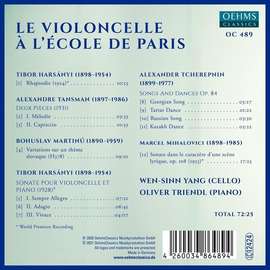 Achterkant van de cd Le Violoncelle à l'École de Paris met tracklijst en componisteninformatie op een blauwe achtergrond.