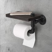 Industriele Toiletrolhouder Hout - WC Rolhouder Hout - Toilet Accessoires – Toiletrolhouder met Telefoonplankje - Badkamer Accesoires – Telefoonhouder