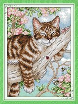 Voorbedrukt borduurpakket 22x31 cm - Cross stitch - D406 - kat in boom