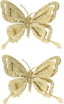 10x stuks decoratie vlinders op clip glitter goud 14 cm - Bruiloftversiering/kerstversiering decoratievlinders