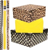 6x Rollen kraft inpakpapier/folie pakket - panterprint/geel/zwart met gouden stippen 200 x 70 cm - dierenprint papier