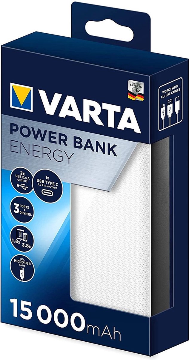 Varta Power Bank Energy Powerbank 15000 mAh Wit - afbeelding 3