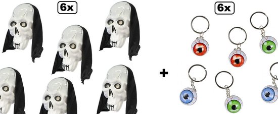6x Masker skelet met hoofddoek met sleutelhanger oog - Halloween horror griezel doods hoofd dood skelet dood festival thema feest
