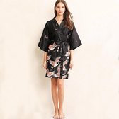 Badjas Dames - Set - Kimono - Kimono Dames - Badjas - Nachtjapon - Satijn - Kort - Zwart - M