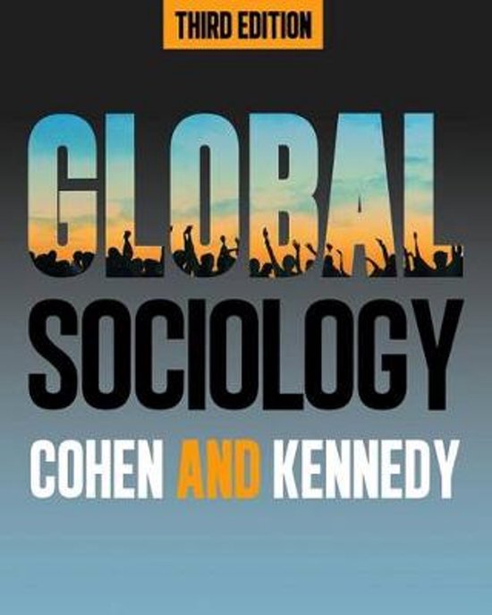 Boekomslag van Global Sociology, Derde Editie, door Cohen en Kennedy, met een gestileerde afbeelding van een menigte met opgeheven armen.