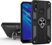 Voor Huawei Y6 (2019) koolstofvezelpatroon pc + TPU-beschermhoes met ringhouder (zwart)