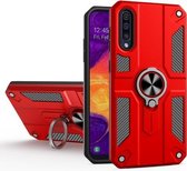 Voor Samsung Galaxy A50 koolstofvezelpatroon pc + TPU-beschermhoes met ringhouder (rood)