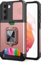 Voor Samsung Galaxy S21+ 5G Sliding Camera Cover Design PC + TPU Shockproof Case met Ring Holder & Card Slot (Rose Gold)