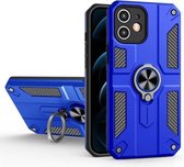 Koolstofvezelpatroon PC + TPU-beschermhoes met ringhouder voor iPhone 12 mini (donkerblauw)