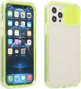 Sliding Camera Cover Design Schokbestendig TPU Frame + Clear PC Case voor iPhone 13 Pro Max (fluorescerend groen)