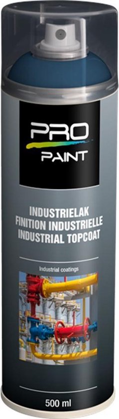 Pro-Paint Industrielak spuitbus, lichtblauw Ral 5012 HG. Met afbeelding van industriële leidingen.