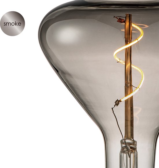 Close-up van een rookkleurige LED gloeilamp met zichtbaar spiraalfilament.