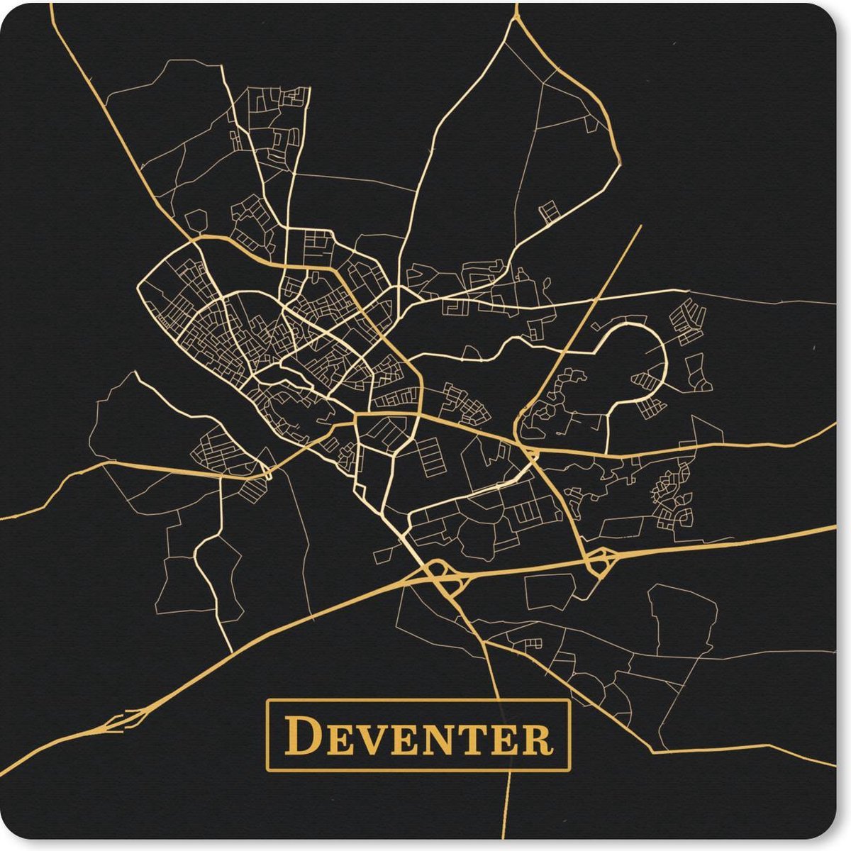 Muismat 20x20 cm - Mousepad Kaart - Deventer - Luxe - Goud - Zwart - Muismatten