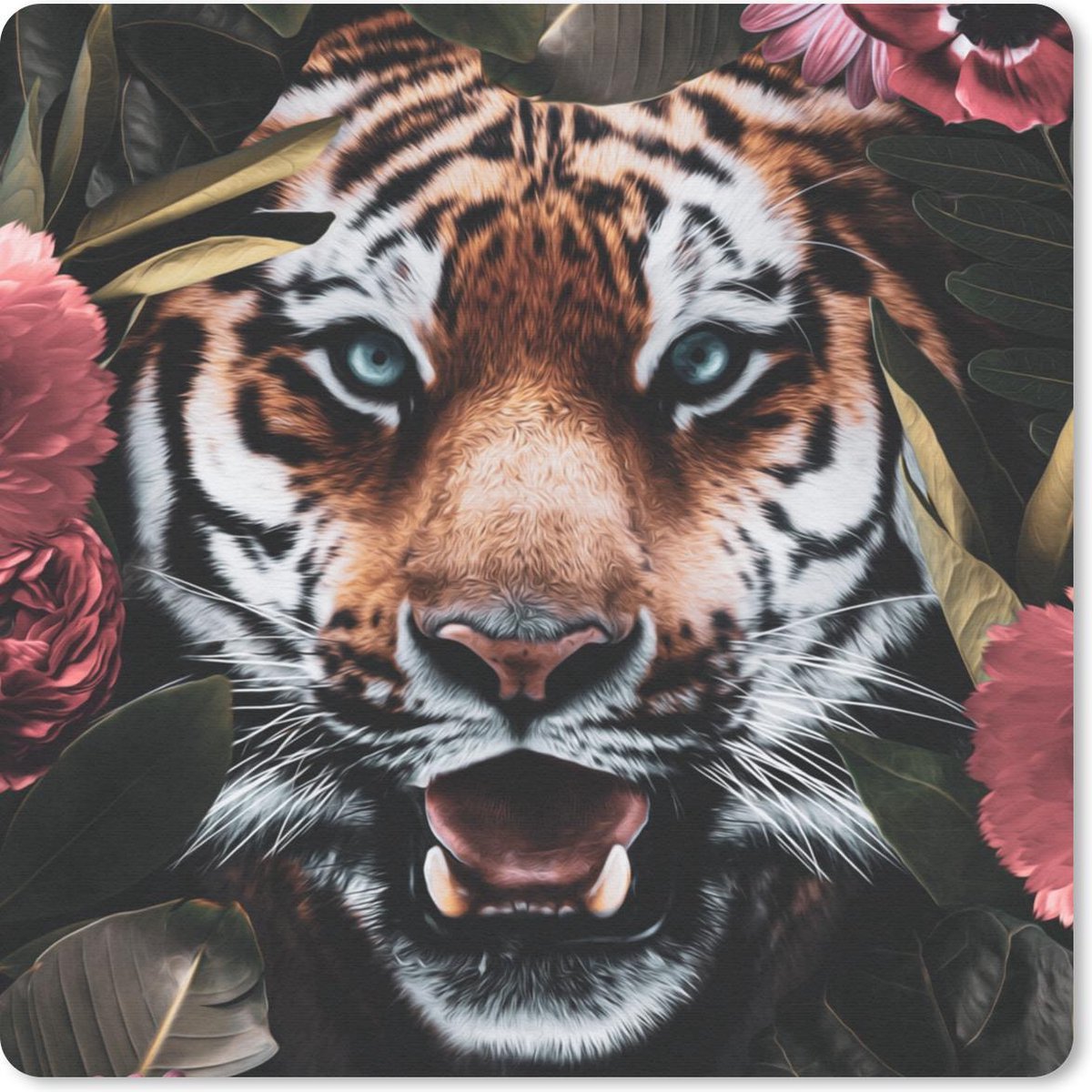 Muismat 30x30 cm - Mousepad Tijger - Bloemen - Jungle - Muismatten