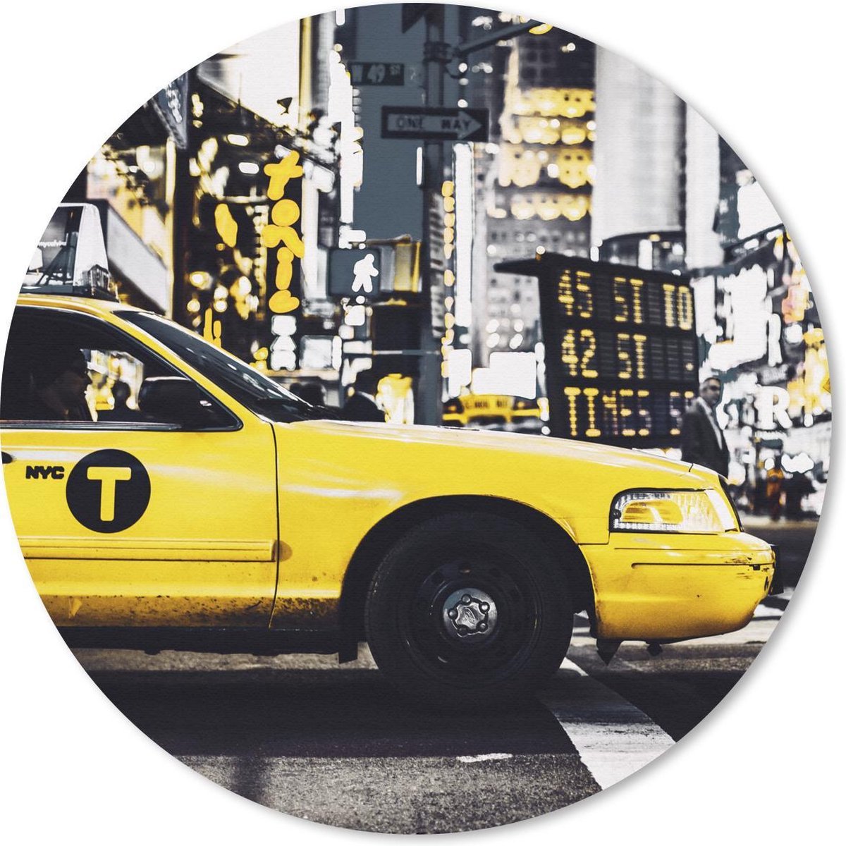 Muismat - Mousepad - Rond - New York - Geel - Taxi - 30x30 cm - Ronde muismat