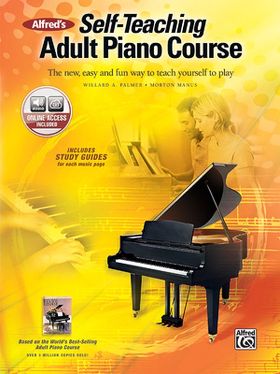 Boekomslag van Alfred's Self-Teaching Adult Piano Course met een vleugelpiano, bladmuziek en twee mensen die piano spelen.