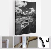 Beautiful morning landscape and Old boat near river bank, black and white photo - Modern Art Canvas - Vertical - 1850761168 - 40-30 Vertical