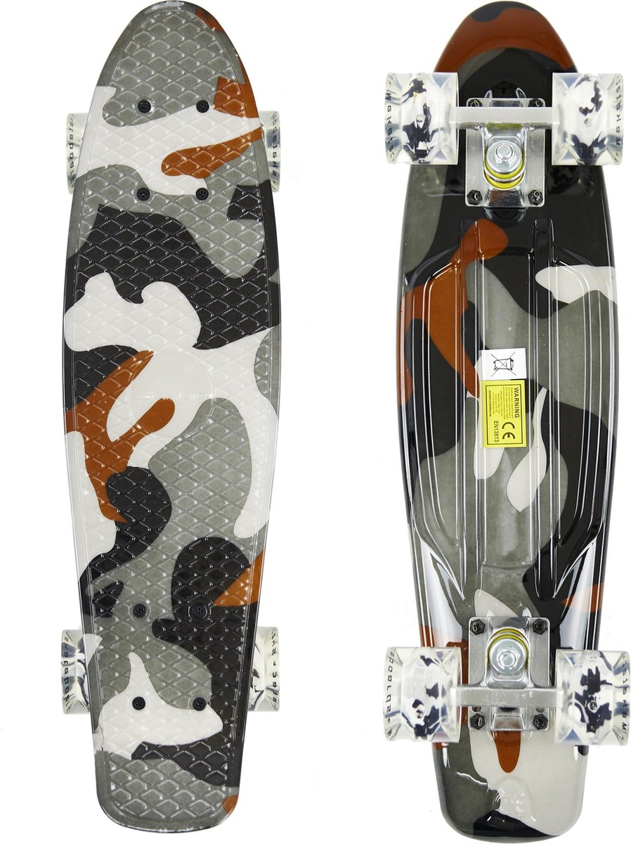 Sajan - Skateboard - LED Wielen - Penny board - Camouflage Grijs - 22.5 inch - 56cm - Diverse Kleuren
