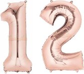 12 Jaar Folie Ballonnen Rosé Goud - Happy Birthday - Foil Balloon - Versiering - Verjaardag - Jongen / Meisje - Feest - Inclusief Opblaas Stokje & Clip - XXL - 115 cm
