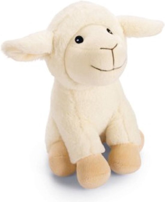 Zacht, crème pluche schaap met zwarte oogjes en een geborduurde mond.