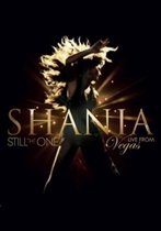 Shania Twain "Still the One - Live from Vegas" concert poster met artiest op podium, verlicht door gouden licht.