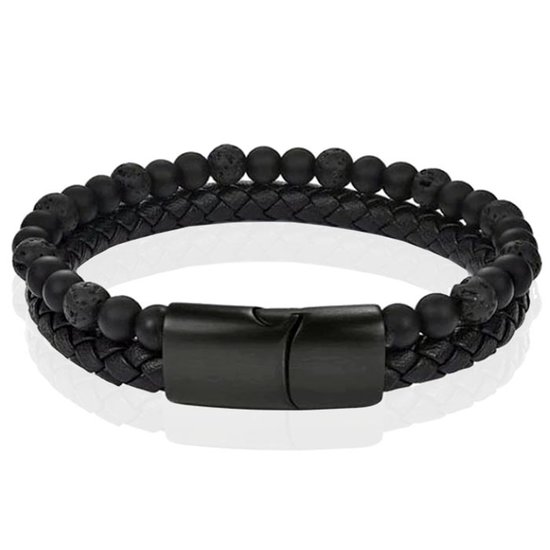 Memphis Bracelet homme cuir noir Perles d'agate Fermoir magnétique en acier inoxydable - 22 cm