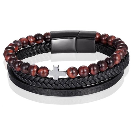 Heren armband Memphis Tijgeroog kraal gevlochten leer Kruis Zwart Bruin - 19cm