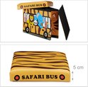 Opvouwbare opbergkist in de vorm van een safari bus met tijgerprint en dierendecoratie. Afmeting 5 cm hoog.