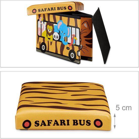 Opvouwbare opbergkist in de vorm van een safari bus met tijgerprint en dierendecoratie. Afmeting 5 cm hoog.