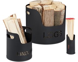 houtmand - set van 3 - Ø 37 / 19 / 6,5 cm - metaal - voor haardhout - zwart
