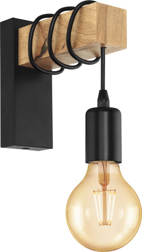 EGLO Townshend Wandlamp - E27 - 21,5 cm - Hout - Zwart/Bruin - FSC Hout