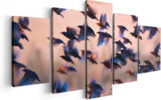 Artaza Canvas Schilderij Vijfluik Groep Vliegende Blauwe Spreeuw Vogels - 100x50 - Foto Op Canvas - Canvas Print