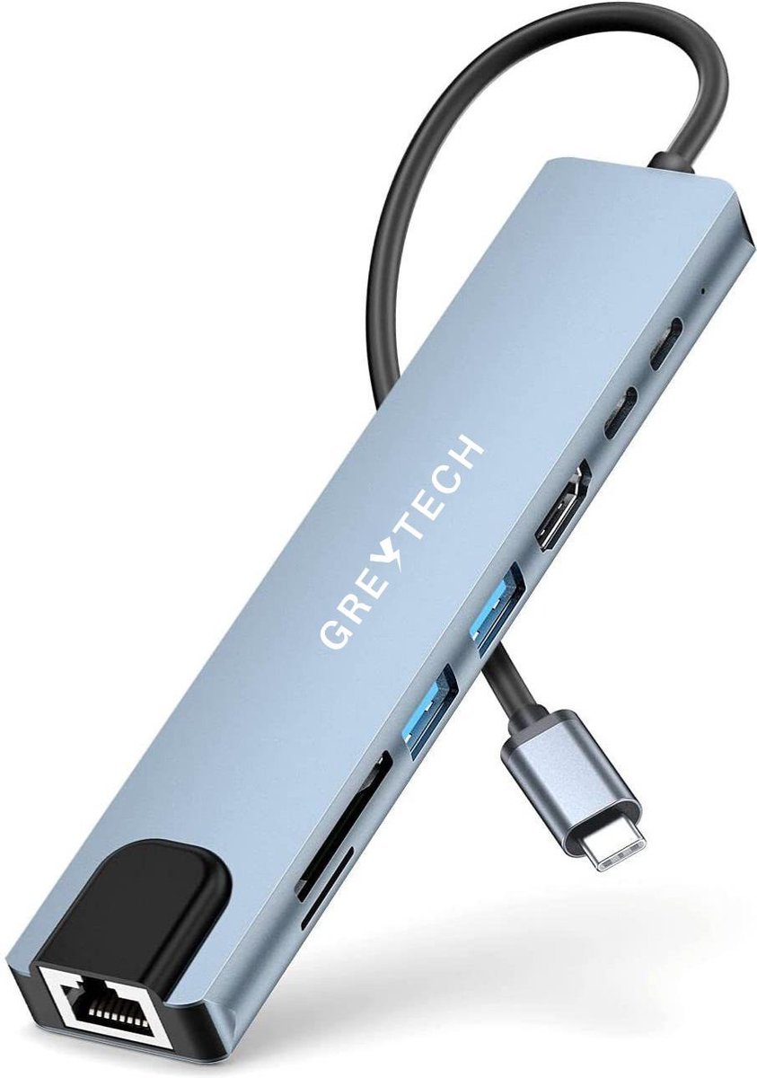 GREYTECH USB C HUB 8 in 1 - met HDMI 4K, Ethernet RJ45, 2x USB 3.0 (thunderbolt), 2X USB C opladen, Micro/SD card reader Hub – Docking station - Spacegrijs