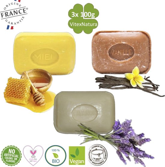 Natuurlijke Marseillezeepjes 3x100g Heerlijke geuren | Zonder kleurstof | Lavendel, Vanille en Honing | Ambachtelijke zeep | Le Sérail | Een echte aanrader onder de zepen!