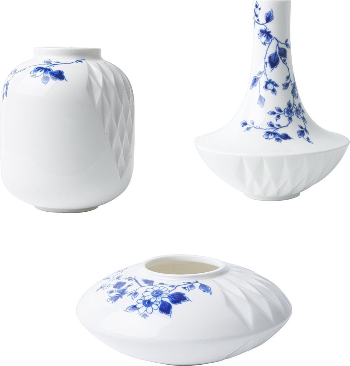 Heinen Delfts Blauw Vazenset Blauw Vouw - Porselein - set van 3 Wit