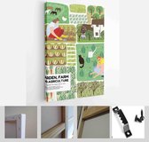Garden, farm and agriculture. Vector illustration of gardener, garden beds, fields, maps, houses, nature, greenhouse and harvest - Modern Art Canvas - Vertical - 1898633680 - 50*40