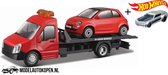 Fiat 500 + Flatbed Transporter (Rood) (16 cm) 1/43 Bburago + Hot Wheels Miniatuurauto + 3 Unieke Auto Stickers! - Model auto - Schaalmodel - Modelauto - Miniatuur autos - Speelgoed voor kinde
