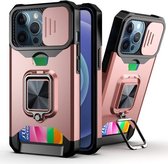 Sliding Camera Cover Design PC + TPU schokbestendig hoesje met ringhouder en kaartsleuf voor iPhone 13 Pro (roségoud)