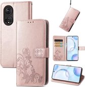 Voor Honor 50 Vier-blad sluiting Reliëf Gesp Mobiele Telefoon Bescherming Lederen Case met Lanyard & Kaartsleuf & Portemonnee & Beugel Functie (Rose Goud)