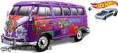 Volkswagen Van Samba Hippie Line (Paars) (15cm) 1/24 Maisto + Hot Wheels Miniatuurauto + 3 Unieke Auto Stickers! - Model auto - Schaalmodel - Modelauto - Miniatuur autos - Speelgoe