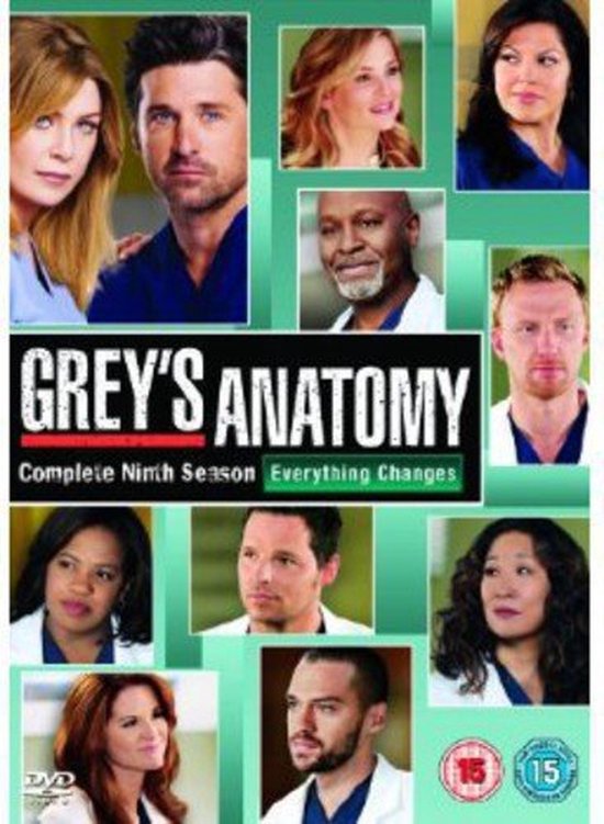 Collage van acteurs uit Grey's Anatomy seizoen 9, inclusief Ellen Pompeo, Patrick Dempsey en Sandra Oh.